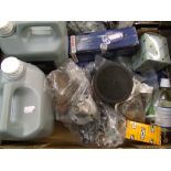 A collection of car parts: fuel pump, brake pads, screen wash etc.
