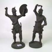 A pair of large old metal figures of classical warriors: Height 38cm