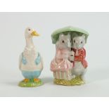 Beswick Beatrix Potter figures: Goody & Timmy Tiptoes and Rebecca Drake Puddleduck, bothBP3B. (2)