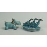 Beswick early blue models: of three duck dish and a baby hippopotamus. (2)