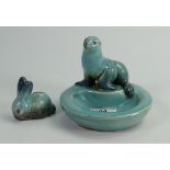 Beswick early blue models: of a sealion dish 306 and feeding rabbit. (2)