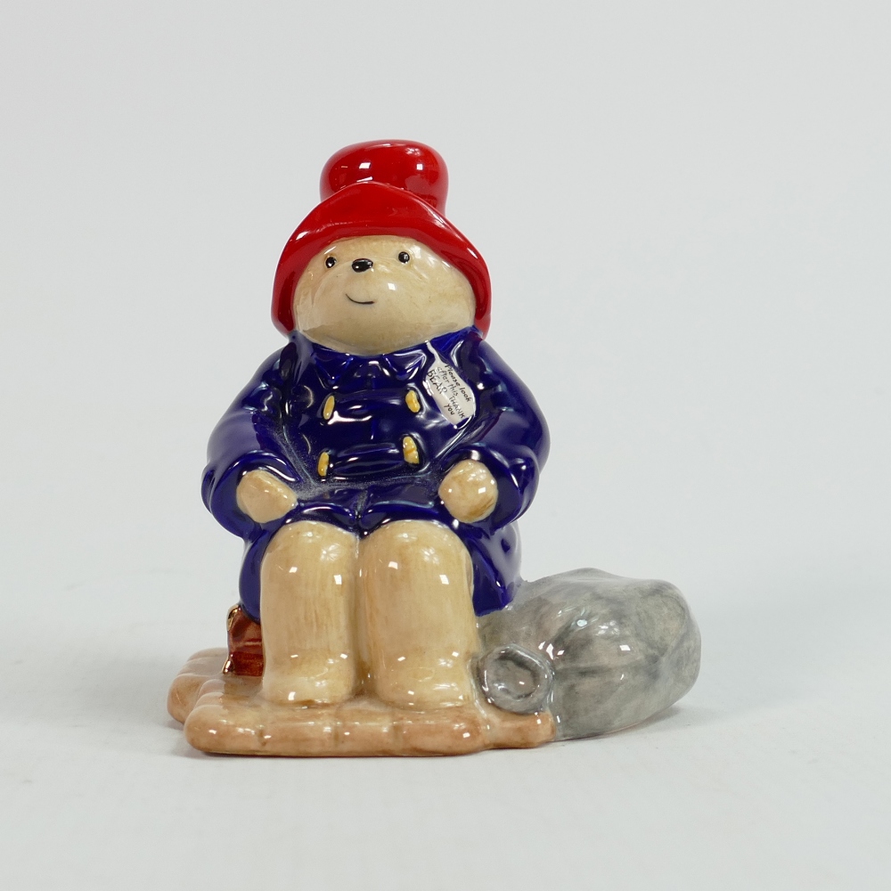 Beswick Paddington Bear figure: Paddington at the station, gold stamp.