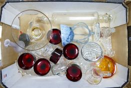 A mixed collection of glass items to include: art glass ash tray similar vase, rolling pin, bells,