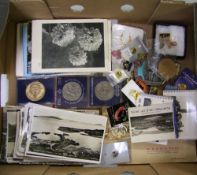 A mixed collection of items: old photographs, Isle of Wight etc, badges and collectors coins etc (