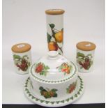 Portmeirion Pomona pattern items: cheese dome, spaghetti jar and 2 lidded storage jars.