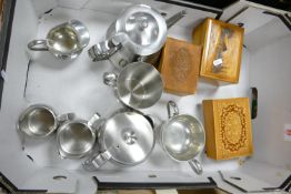 A mixed collection of items to include: Stainless Steel hotel ware, wooden musical boxes etc