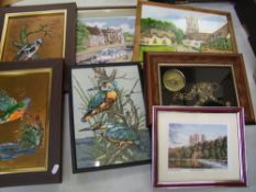 A collection of framed prints, pictures and needlework items (approx 13).