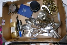 A mixed collection of items to include: silver plated cutlery, similar trophy, brass buckles, travel