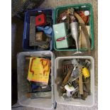 A large quantity of hand tools and power tools: Black & Decker drill, hammers, saws etc (4 trays).