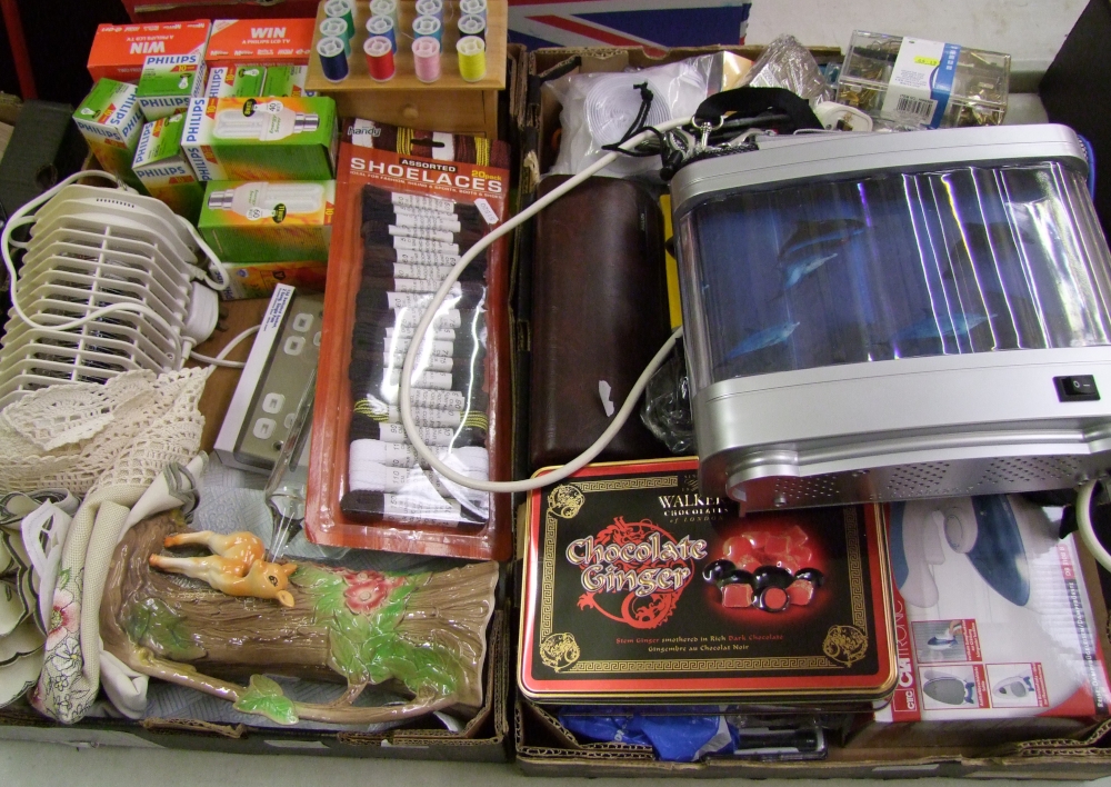 A mixed collection of items: travel iron, tools, water bottle, bulbs etc (2 trays).