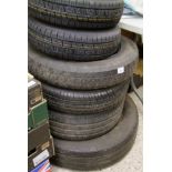 A quantity of vehicle tyres and wheels: trailer wheels etc.