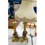 Pair corinthian column brass table lamps, height to fitting 30cm(2)