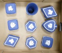 A collection of Wedgwood Queens Blue lidded boxes & Vase(9):