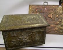 A brass covered coal box: with a brass fire screen panel depicting a sea scene (2).