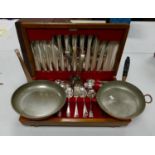 Insignia Plate Part Canteen of Cutlery: in oak case together with 3 copper pans(4)
