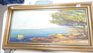 Large Framed Oil on Board shore side scene: signed Geo Yaniny, 50 x 93cm