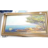 Large Framed Oil on Board shore side scene: signed Geo Yaniny, 50 x 93cm