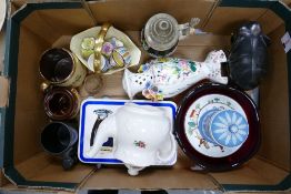 A mixed collection of items to include: Wedgwood Jasperware lidded box, continental stein, carved