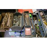 A vintage metal cantilever tool box and contents: together with 2 other vintage metal tool boxes and