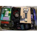 A collection of vintage cameras: to include Zenit EM, Pentax ASAHI, Fugi digital cameras x 2 and a