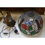 A large Tiffany style lamp shade: together with a modern butterfly/stained glass table lamp (2).