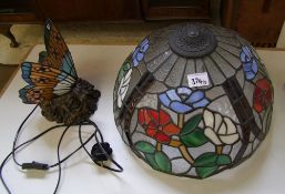 A large Tiffany style lamp shade: together with a modern butterfly/stained glass table lamp (2).