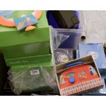 A quantity of Moulin Roty toys: rubber balls, musical items, balancing birds etc.