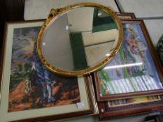 A bevelled edge mirror: framed needlework items, oil on canvas etc (8).