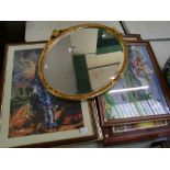 A bevelled edge mirror: framed needlework items, oil on canvas etc (8).