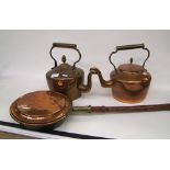 Two copper kettles: together with a bed warming pan (3).