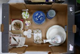 A mixed collection of items to include: Wedgwood dip blue items, continental miniature tea set,