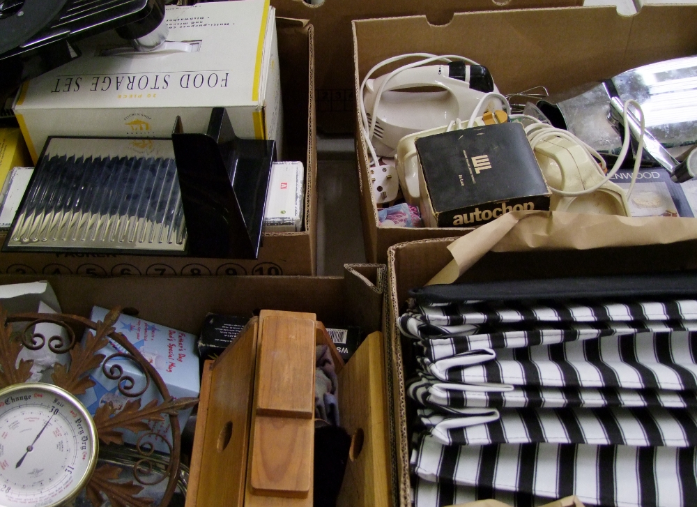 A mixed collection of kitchen items: meat slicer, storage sets, iron etc (4 trays).