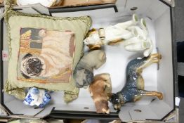 A collection of Ceramic & Resin Pug, St Bernard & similar Dog figures: together with Pug them pillow