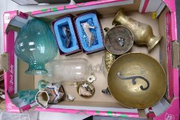 A mixed collection of items to include: glass vases, shoe ornaments, brass ware etc
