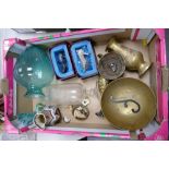 A mixed collection of items to include: glass vases, shoe ornaments, brass ware etc