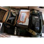 A FujiFilm HS20 EXR camera, Canon camcorder E60, Ricoh 500 RF camera etc (1 tray).