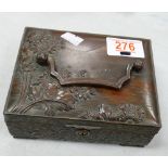 Japanese Bronzed Base Metal box: embossed floral decoration , pin missing from hinge ,length 14cm