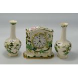 Masons Chartreuse Patterned Vases & Mantle Clock: height of tallest 14cm(3)