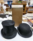 Christy's London Silk Top Hat: boxed in Austin Reed Box & similar Top Bowler, approx size 6 7/8's(2)