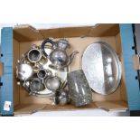 A mixed collection of items to include: silver plated gallery tray, similar tea service, stone