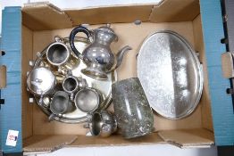 A mixed collection of items to include: silver plated gallery tray, similar tea service, stone