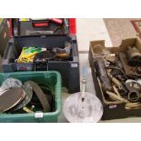 A mixed collection of items: sanding disks, tool box and contents, scroll saw, vintage tools etc.