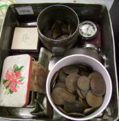 A collection of pre-decimal old pennies: together with 2 Ingersoll pocket watches etc (1 tray).