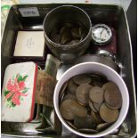 A collection of pre-decimal old pennies: together with 2 Ingersoll pocket watches etc (1 tray).