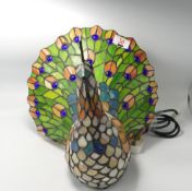 Large Leaded Glass Peacock Theme Table Light: height 31cm