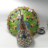 Large Leaded Glass Peacock Theme Table Light: height 31cm