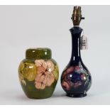 Moorcroft lamp base and ginger jar: Both damaged - Lamp base anemone pattern, has hairline and