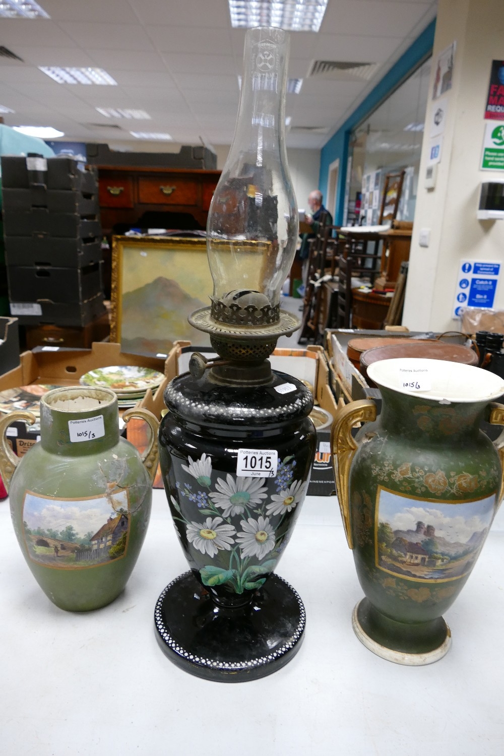 Hand Decorated Early 20th Century Damaged Vases: together with similar glass oil lamp(3)