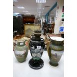 Hand Decorated Early 20th Century Damaged Vases: together with similar glass oil lamp(3)