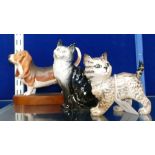 Three Beswick pieces 2 x cats and a dog: Large Connoisseur Basset hound on plinth, Persian stripey